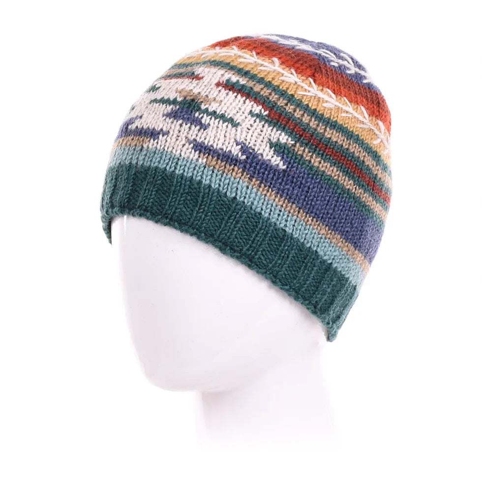Blake Beanie Hat handcrafted wool knit with Aztec patterns and feather stitch embroidery in earthy tones