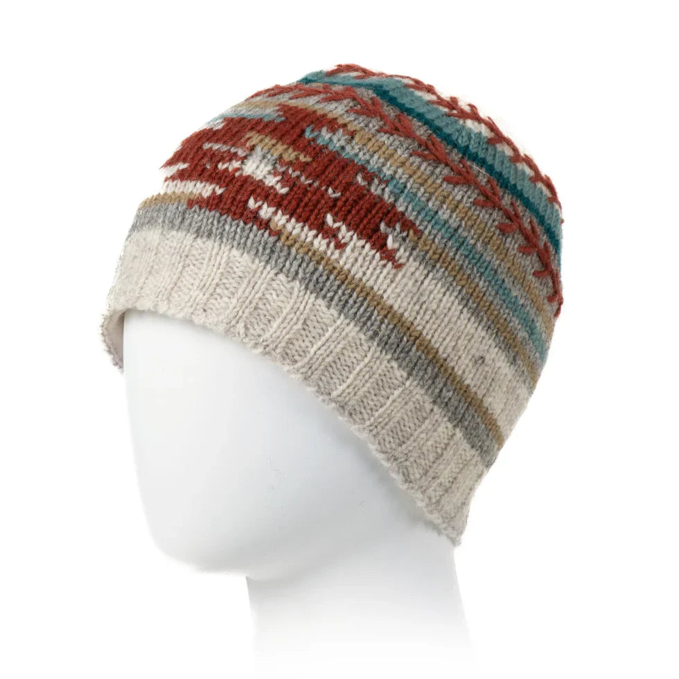 Blake Beanie Hat handcrafted wool knit with Aztec patterns and feather stitch embroidery in earthy tones