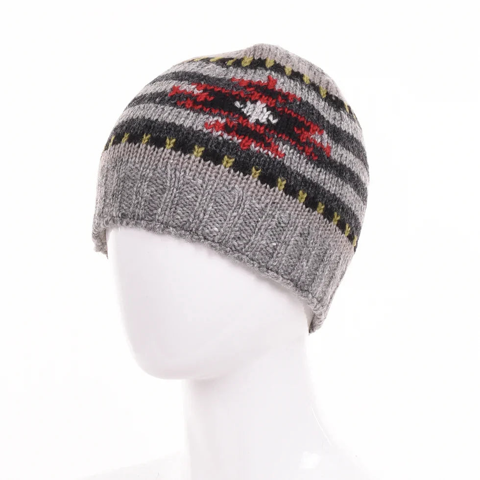 Gray Tucson Wool Beanie with striped knit and Southwestern-inspired red, black, and yellow patterns on a white mannequin head