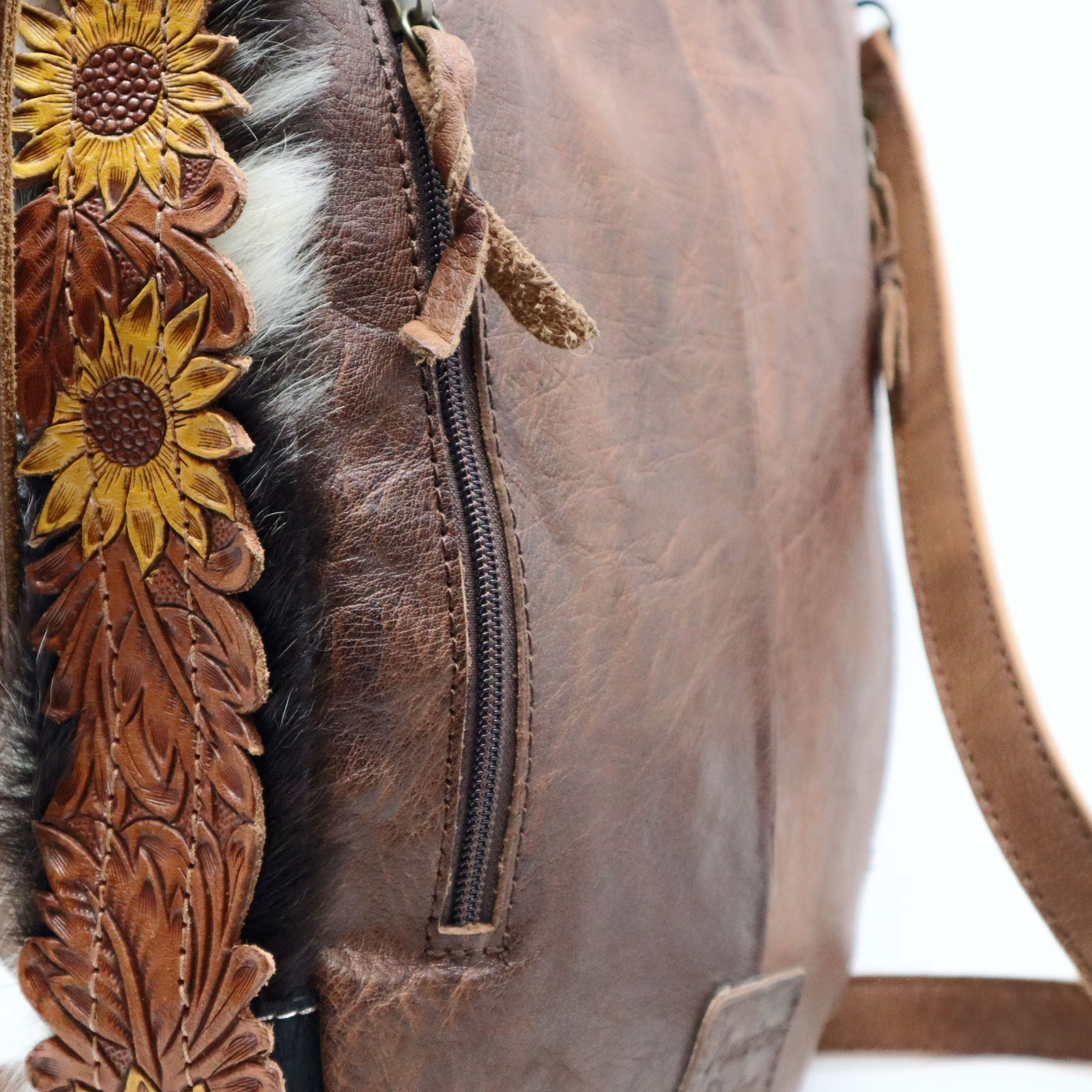 American Darling Large Crossbody Bag ADBG593 with brown leather, hair-on cowhide, and hand-tooled sunflower accents