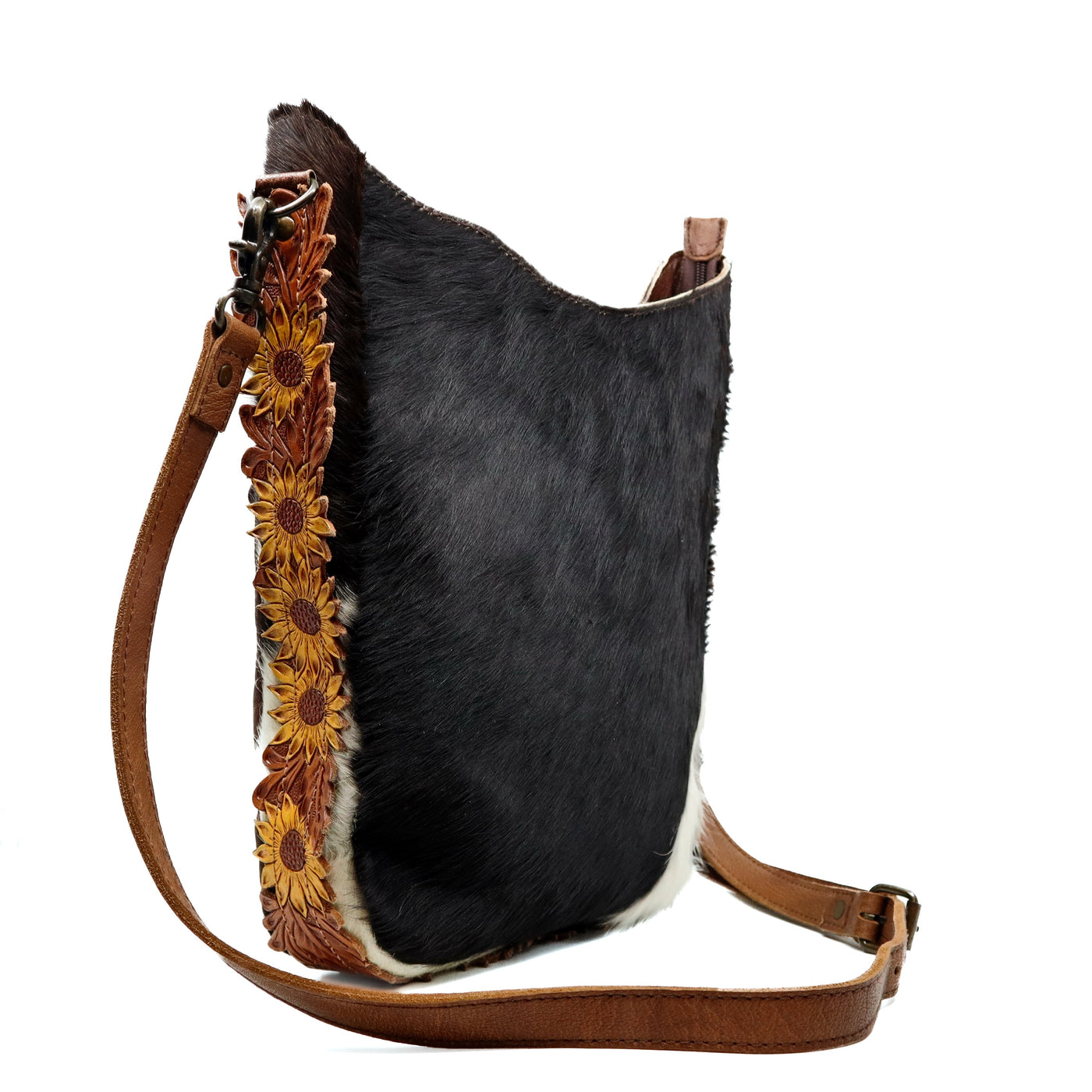 American Darling Large Crossbody Bag ADBG593 brown and white cowhide leather with tooled sunflower accents and leather strap
