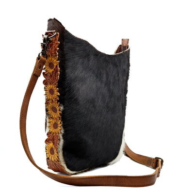 American Darling Large Crossbody Bag ADBG593 brown and white cowhide leather with tooled sunflower accents and leather strap