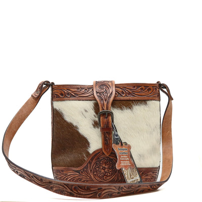 American Darling Crossbody Bag ADBGZ451 hand tooled vegetable tanned cowhide leather with hair-on leather and adjustable shoulder strap