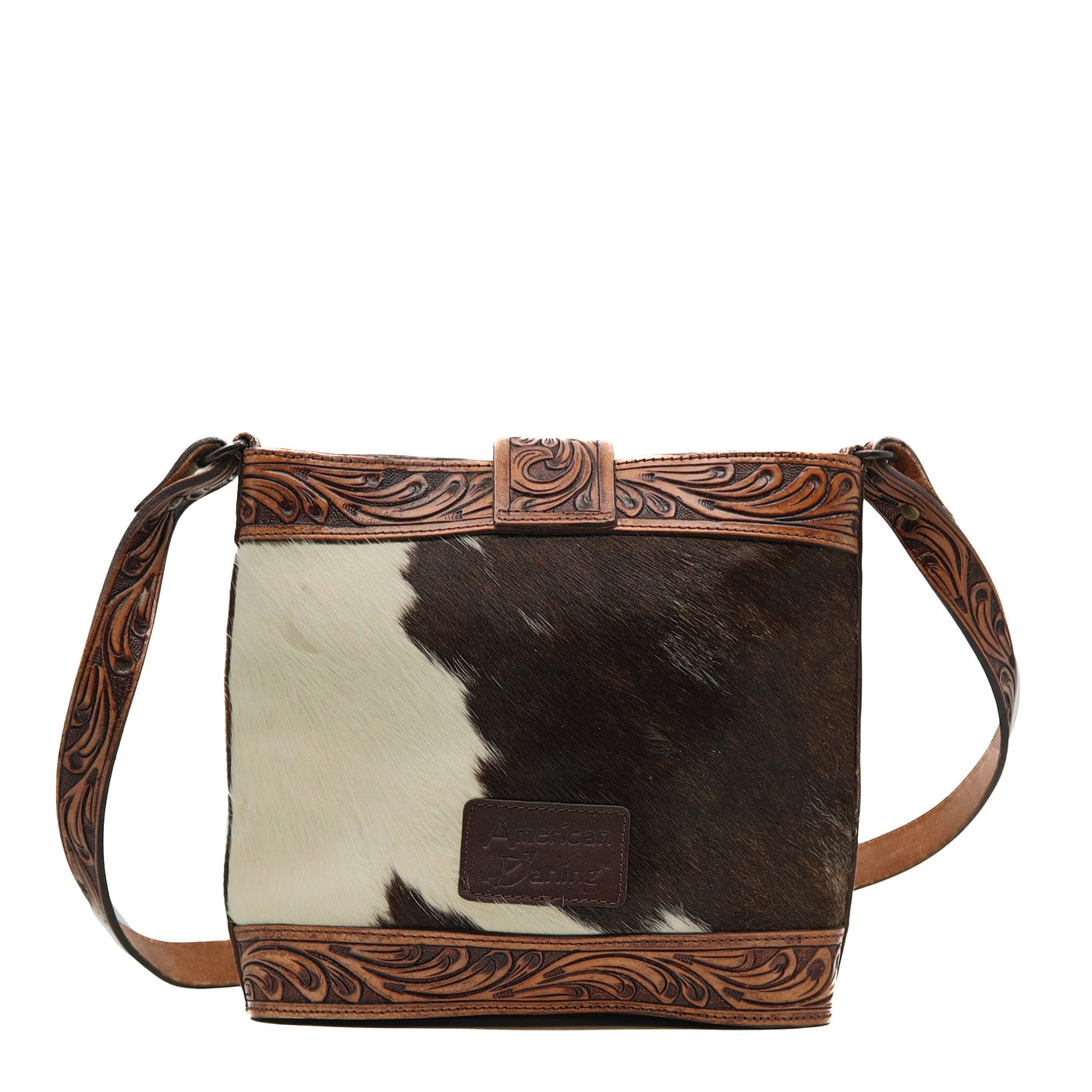 American Darling Tote Handbag ADBGZ451 with hand-tooled leather and cowhide hair-on design