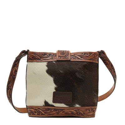 American Darling Tote Handbag ADBGZ451 with hand-tooled leather and cowhide hair-on design