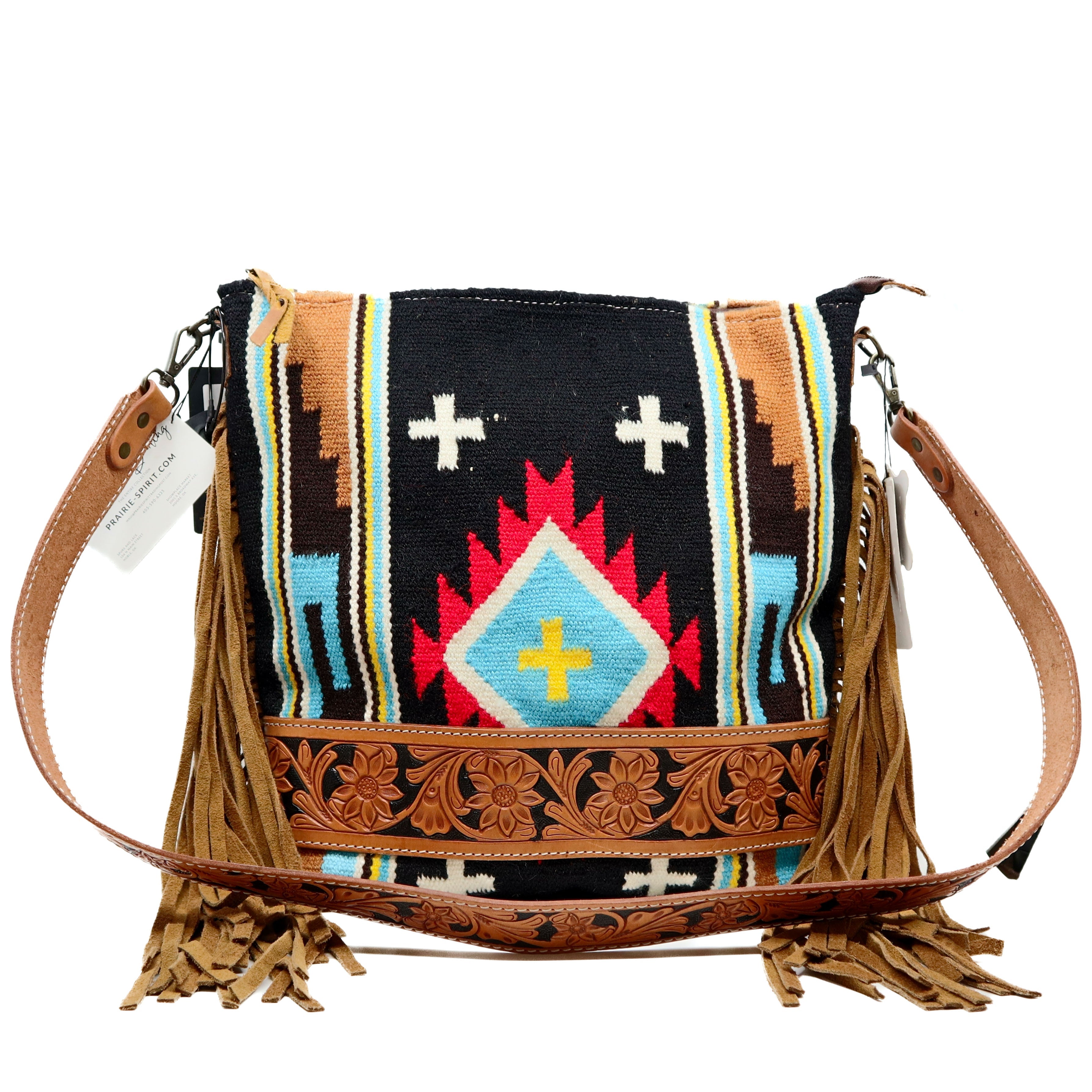 American Darling large crossbody messenger bag in hand-tooled vegetable tanned cowhide leather with wool saddle blanket and leather fringes