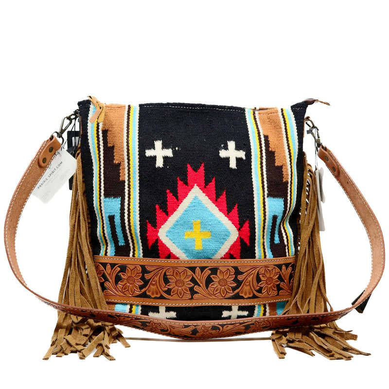 American Darling large crossbody messenger bag in hand-tooled vegetable tanned cowhide leather with wool saddle blanket and leather fringes