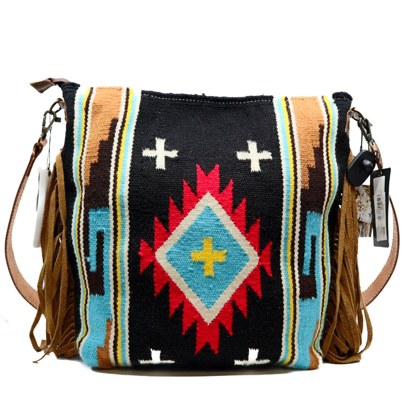 American Darling large crossbody messenger bag made of hand-tooled vegetable tanned cowhide leather with western wool saddle blanket and leather fringes