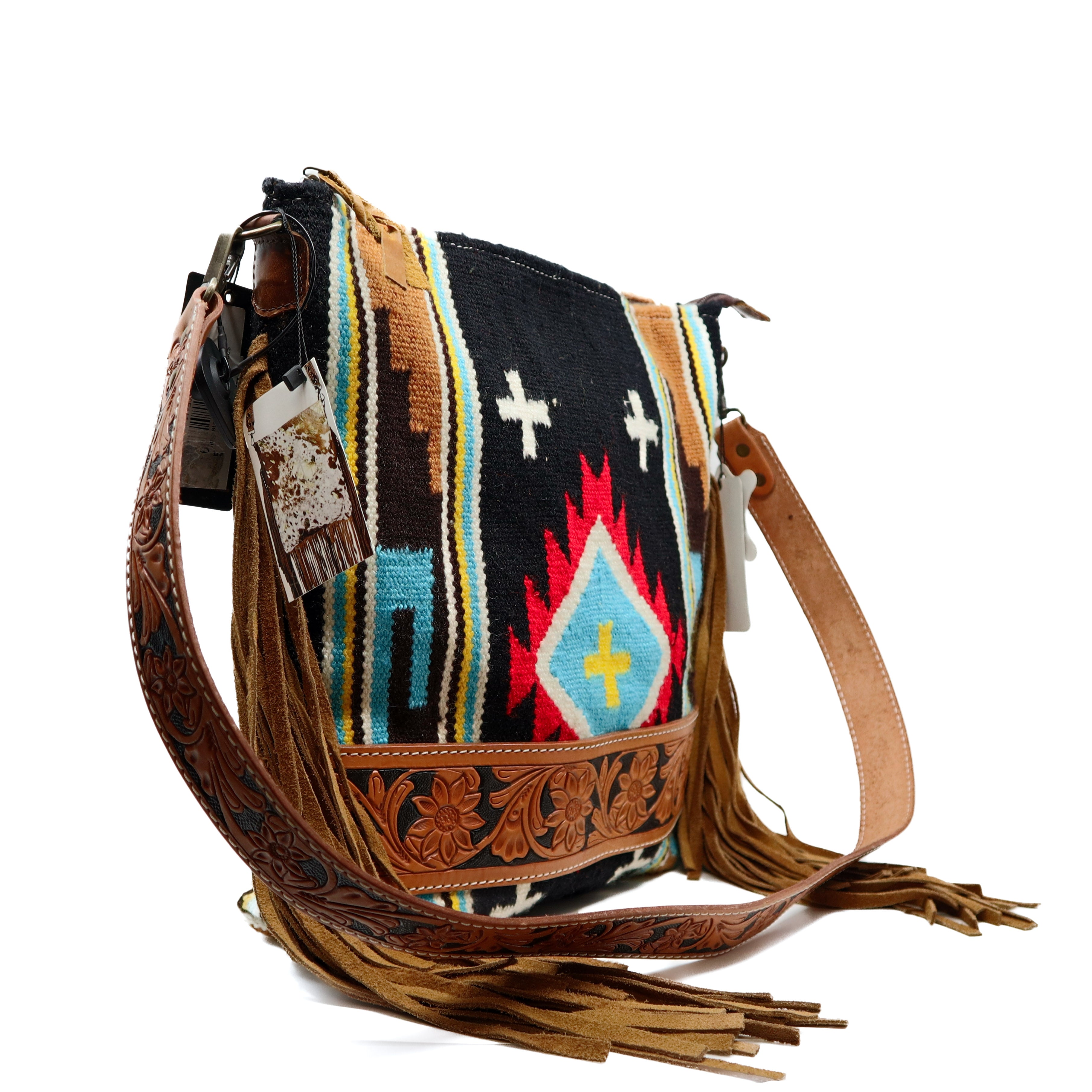 American Darling large crossbody messenger bag in hand-tooled vegetable tanned cowhide leather with wool saddle blanket and leather fringes
