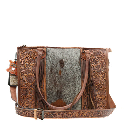 American Darling Tote Bag handcrafted leather with floral tooled design and cowhide panel