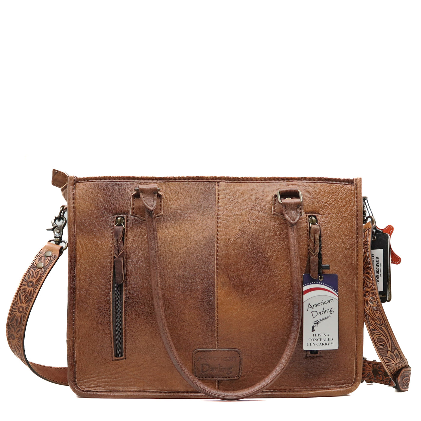 American Darling Tote Bag brown leather with embossed strap and front zipper pocket