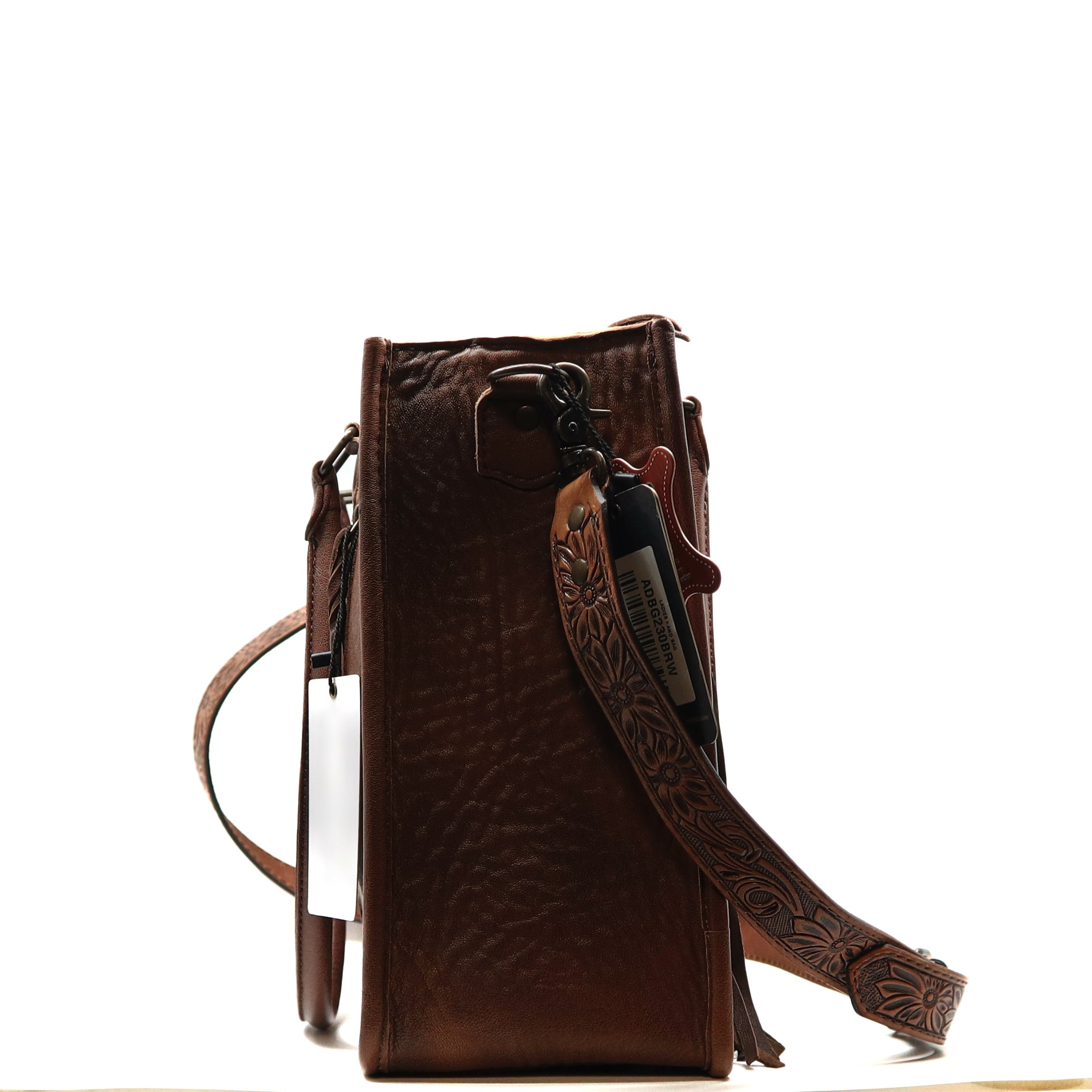 American Darling Tote Bag handcrafted brown leather side view with intricate strap design