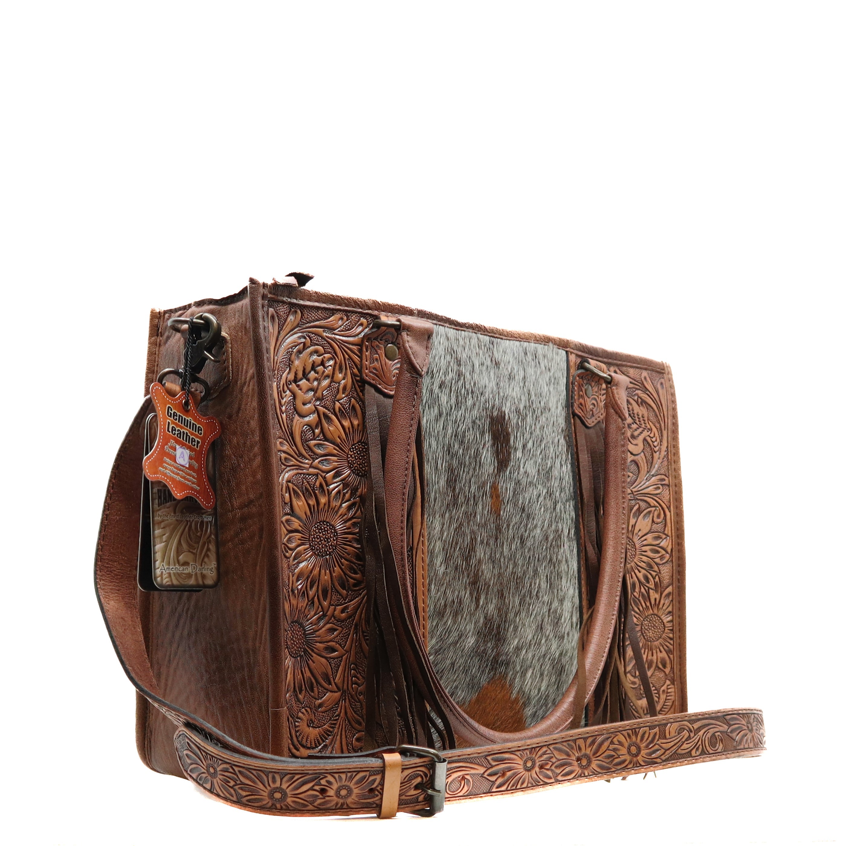 American Darling Tote Bag handcrafted leather with tooled floral design and hair-on-hide panel