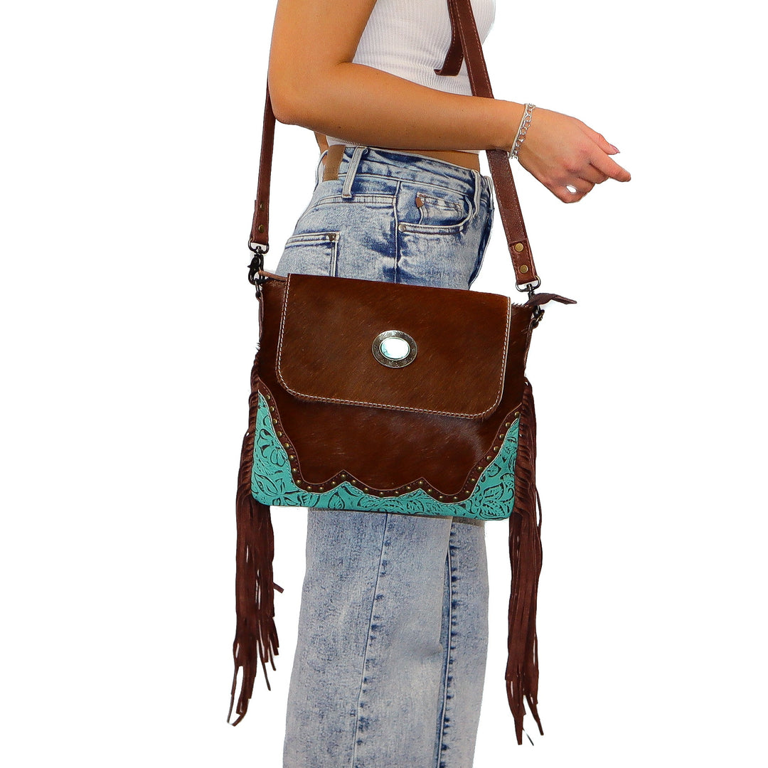 Ohlay Crossbody Bag KBG288 floral embossed leather with turquoise stone and fringe details