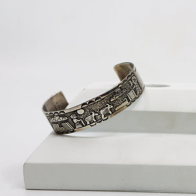 Handmade sterling silver farm scene cuff bracelet PSTPC02 detailed design