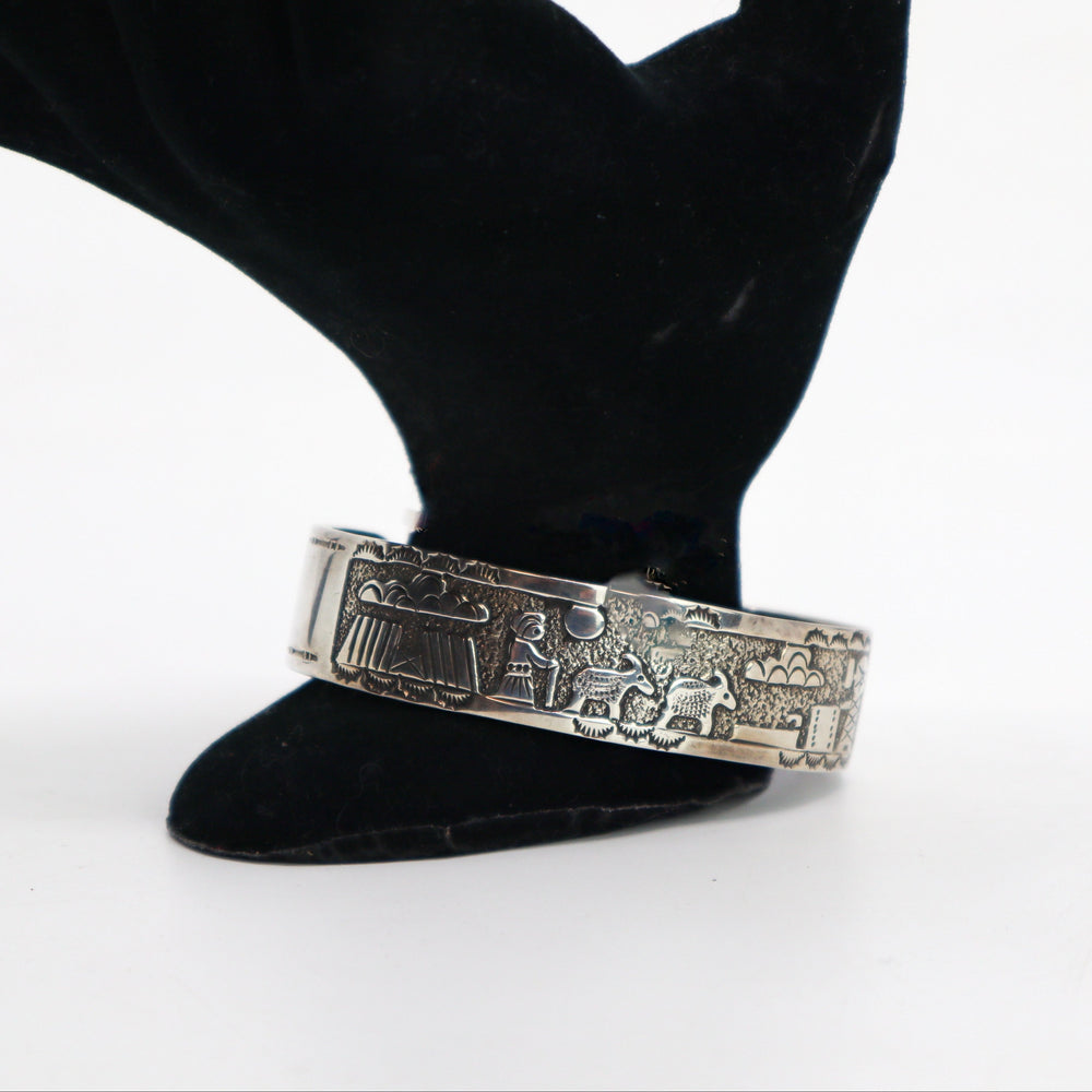 Handmade Sterling Silver Farm Scene Cuff Bracelet PSTPC02 with intricate farm design