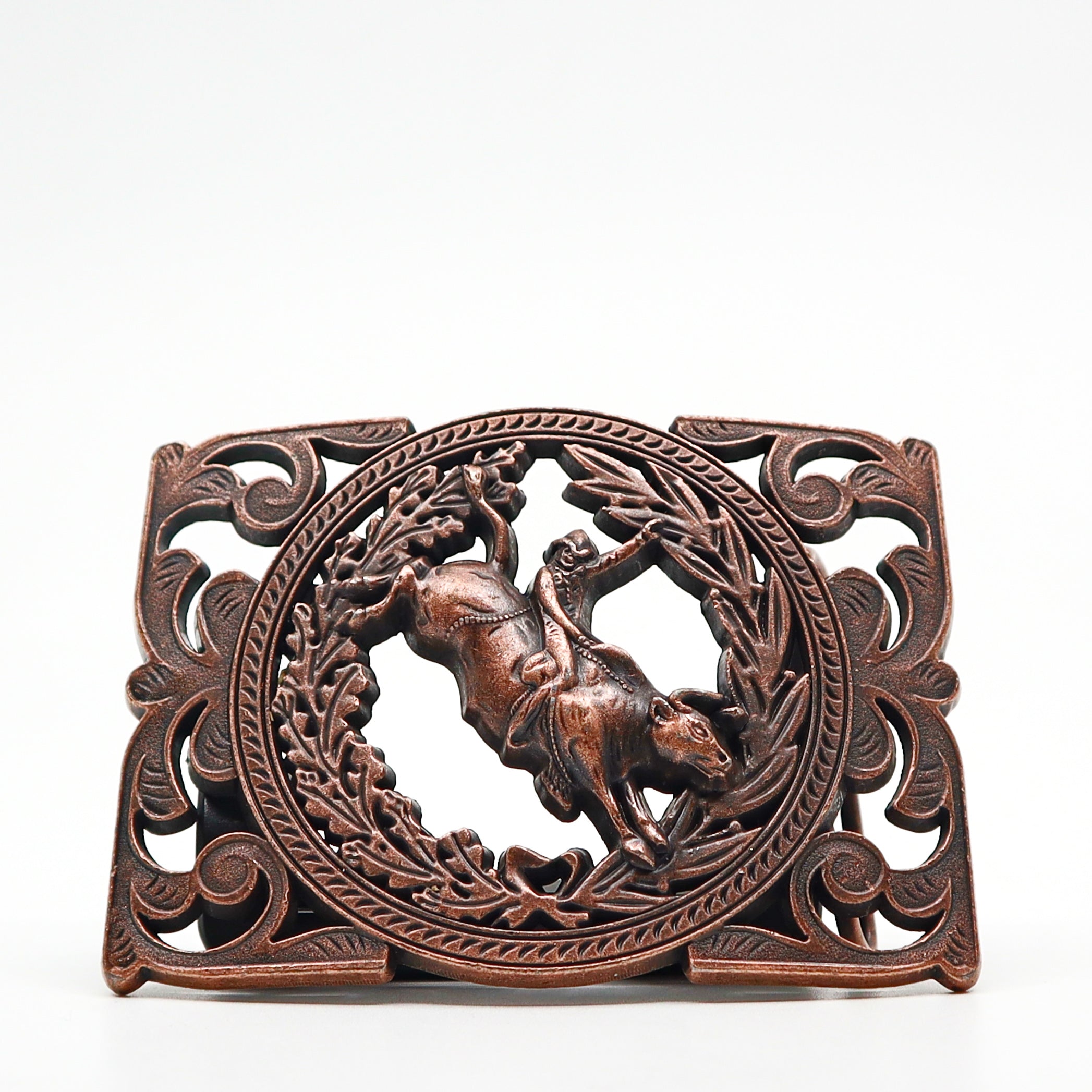 ornate bronze belt buckle with detailed horse and laurel wreath design