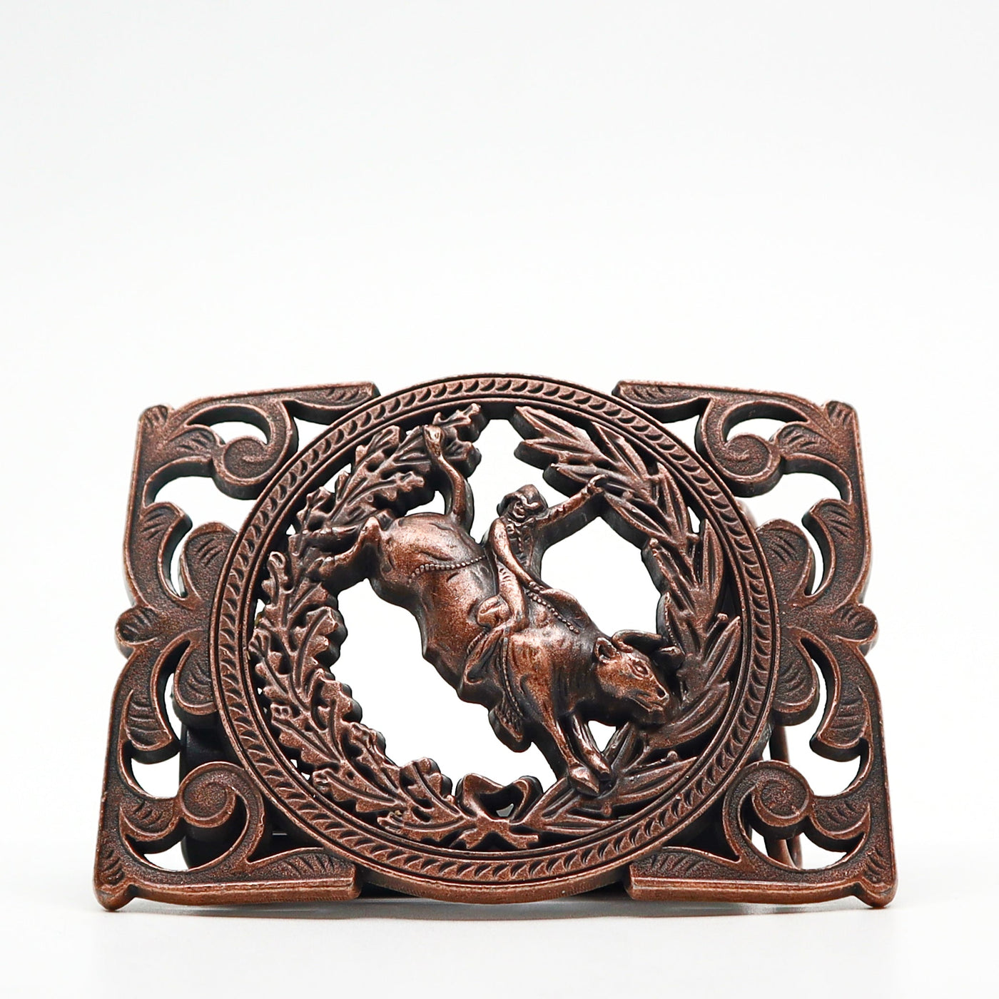 ornate bronze belt buckle with detailed horse and laurel wreath design