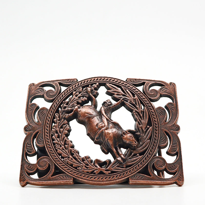 ornate bronze belt buckle with detailed horse and laurel wreath design