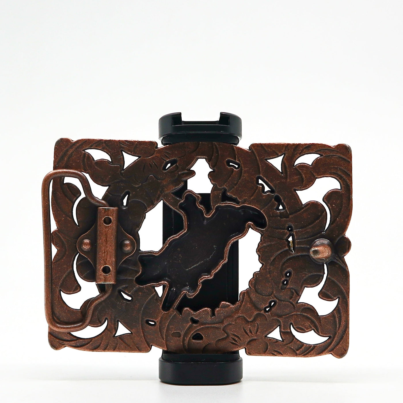 Intricately designed bronze belt buckle with floral and animal cutout patterns