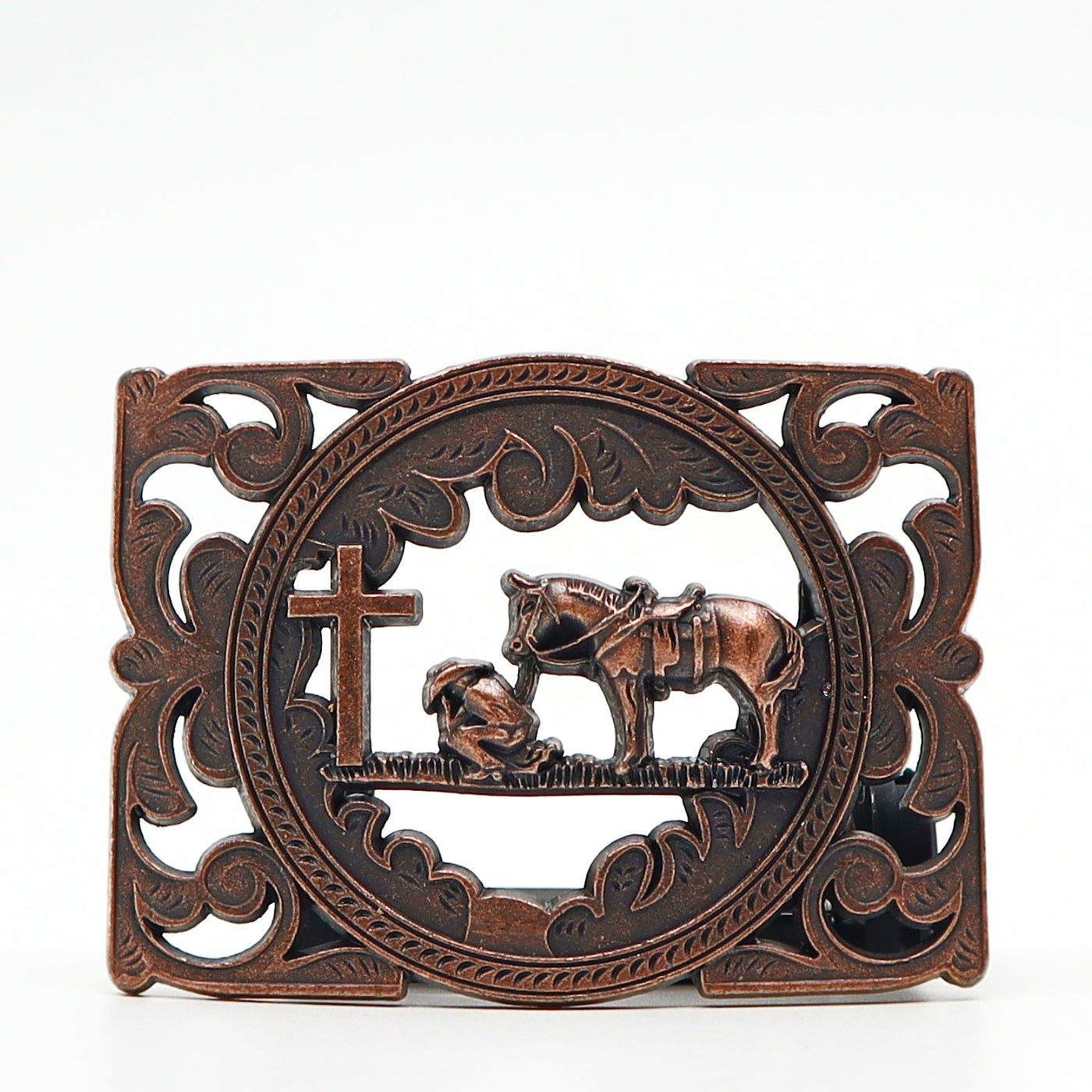 Vintage style belt buckle with cowboy, horse, and cross design in bronze finish