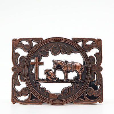 Vintage style belt buckle with cowboy, horse, and cross design in bronze finish