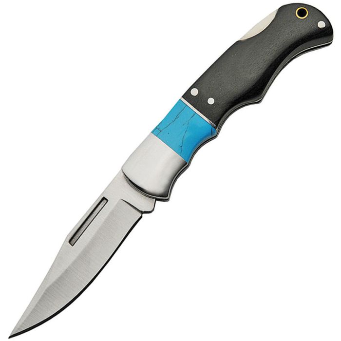Lockback folding knife with 2.5-inch satin stainless clip point blade and black pakkawood handle with faux turquoise accents and polished stainless bolsters