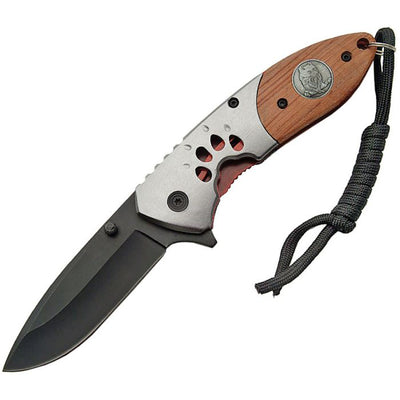 Wolf Track Linerlock knife with 4.5" closed length, black 3" stainless drop point blade, brown wood handle, wolf track cutout, thumb stud, pocket clip, and lanyard hole.