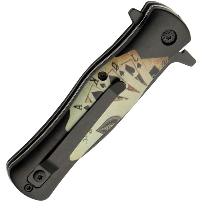 Gambler Linerlock Knife with black ABS handle featuring playing card artwork and pocket clip closed view