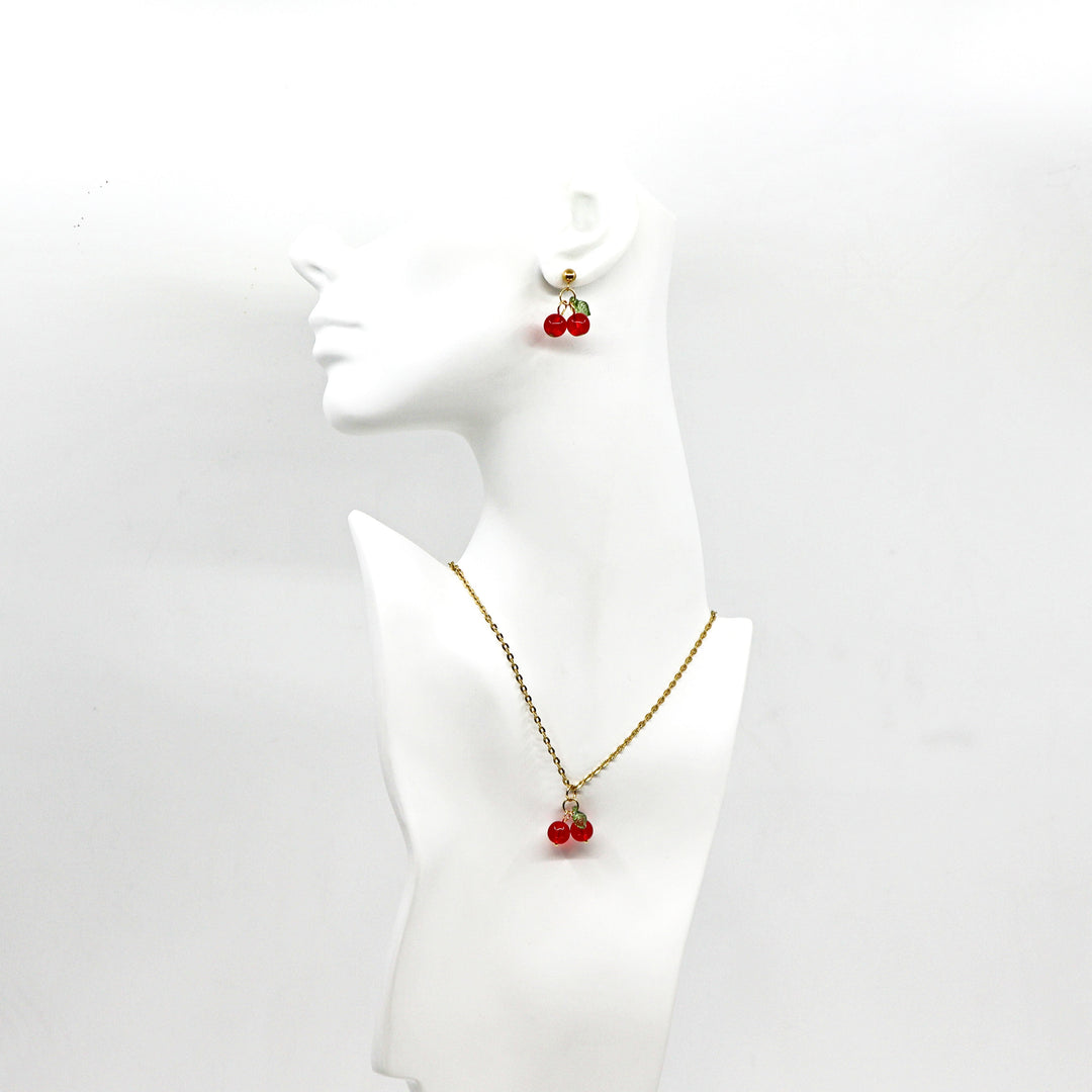 Gold cherry drop earrings and matching necklace set with 18K gold-plated stainless steel and red cherry charms.