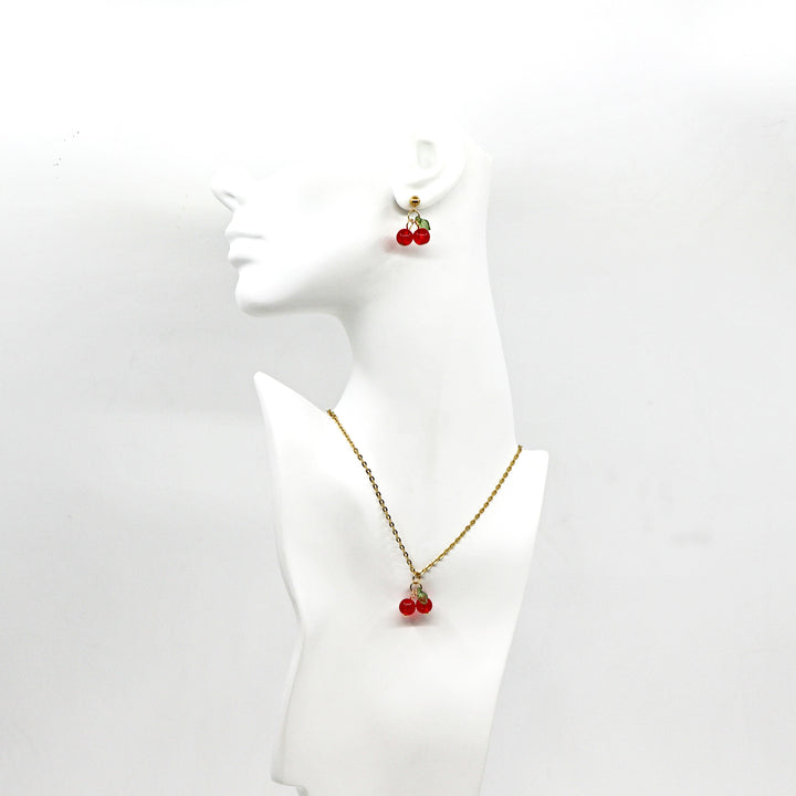 Gold cherry drop earrings and matching necklace set with 18K gold-plated stainless steel and red cherry charms.
