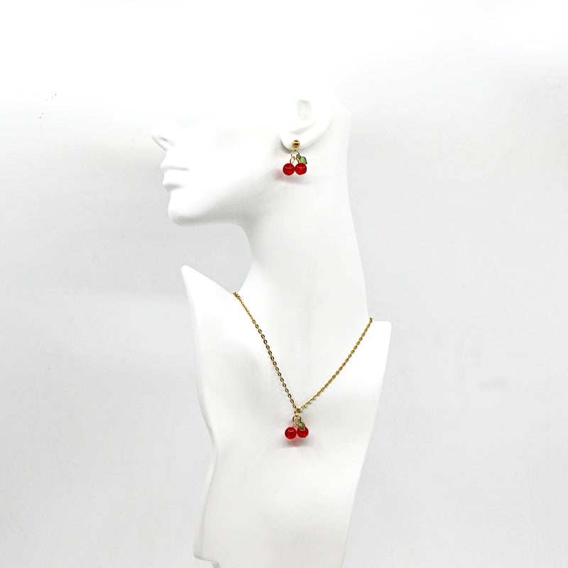 Gold cherry drop earrings and matching necklace set with 18K gold-plated stainless steel and red cherry charms.