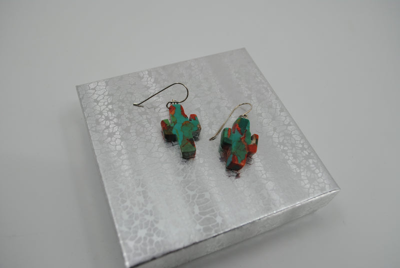 Large DuWayne Turpin Navajo Zuni Kingman Turquoise Drop Cactus Earrings PSTPE27B