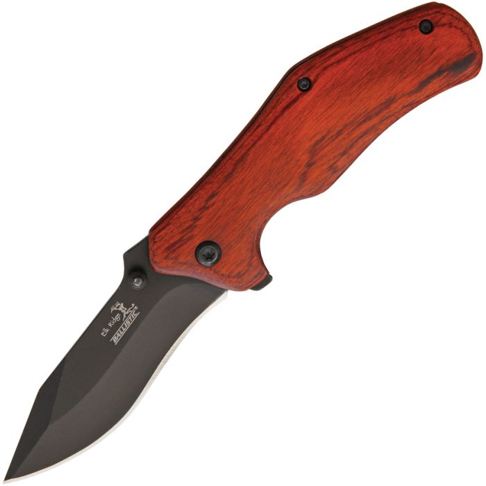Pakkawood linerlock knife with black stainless steel blade and brown wooden handle for everyday carry