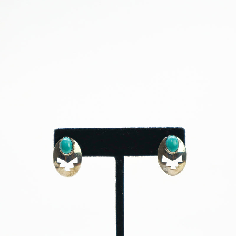 Handmade Sterling Silver Turquoise Concho Stud Earrings PSTPE18 close-up
