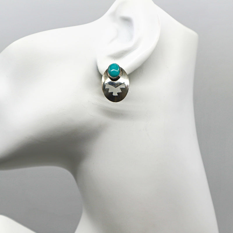 Handmade sterling silver turquoise concho stud earrings PSTPE18 on white background