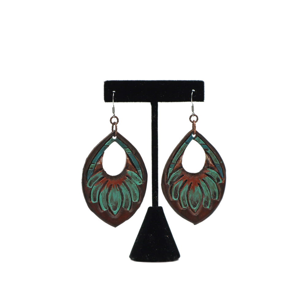 Handmade carved leather dangle earrings with intricate design
