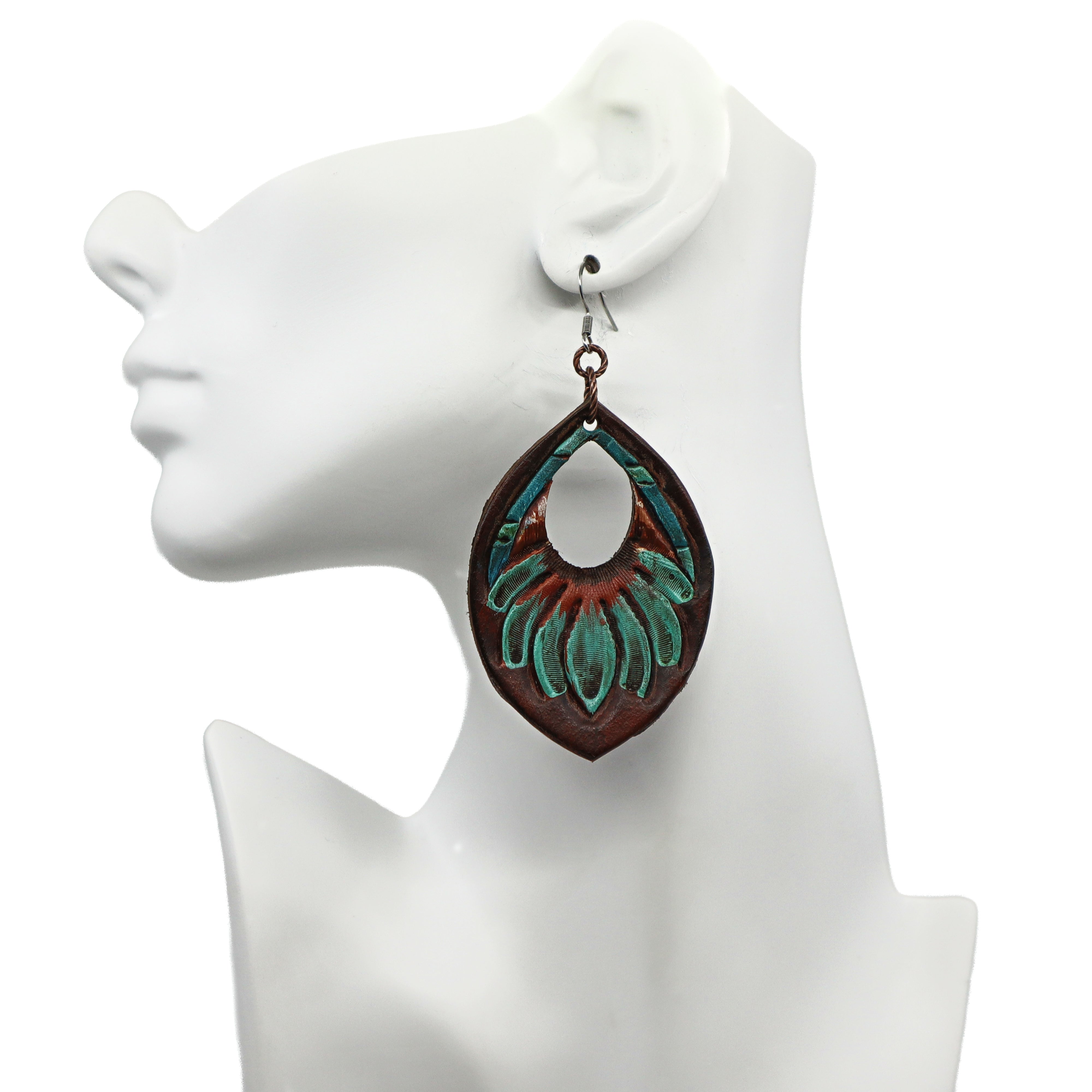Handmade carved leather dangle earrings with intricate design