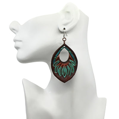 Handmade carved leather dangle earrings PSTPE53 close-up view