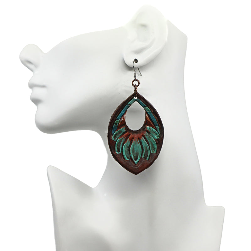 Handmade carved leather dangle earrings PSTPE53 close-up view