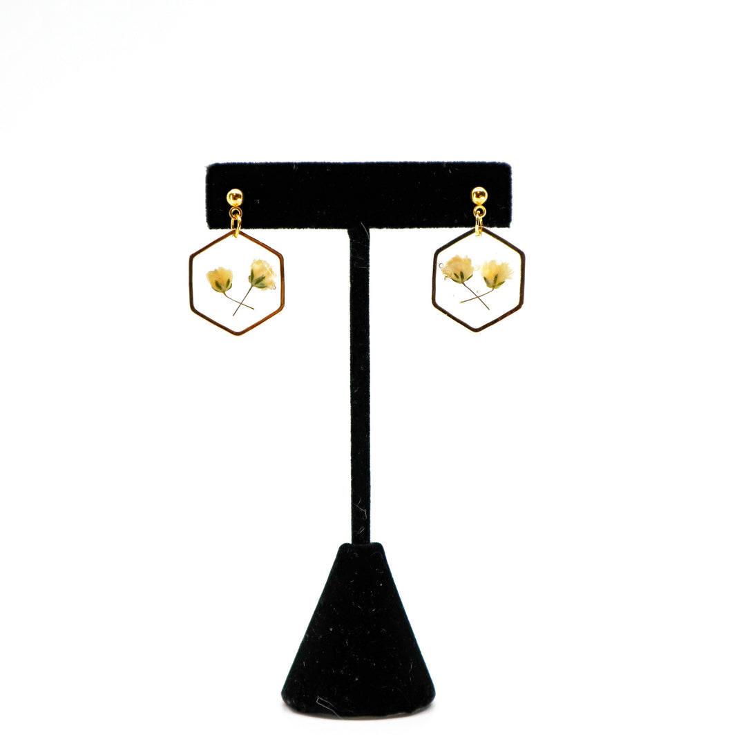 Handmade pressed Baby’s Breath floral resin post earrings with gold-tone hexagonal frame