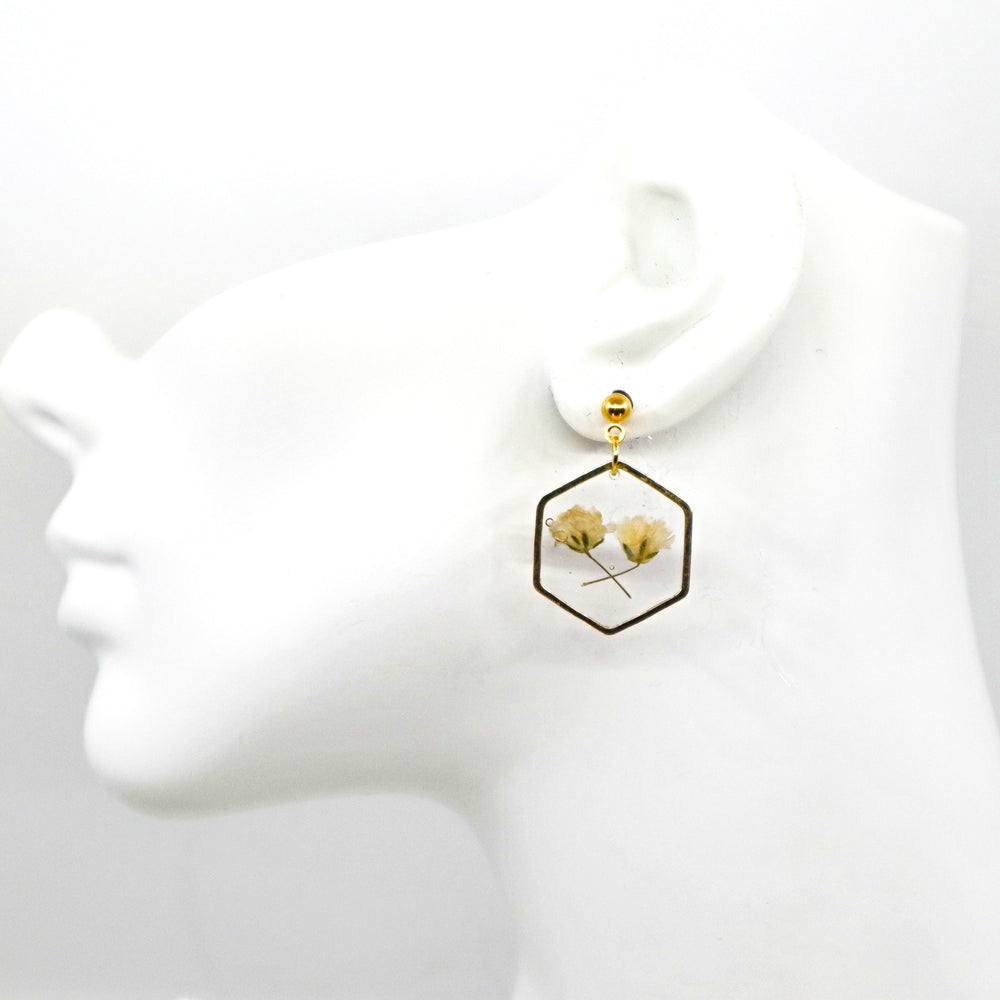 Handmade pressed baby’s breath floral resin earrings with gold hexagonal frames