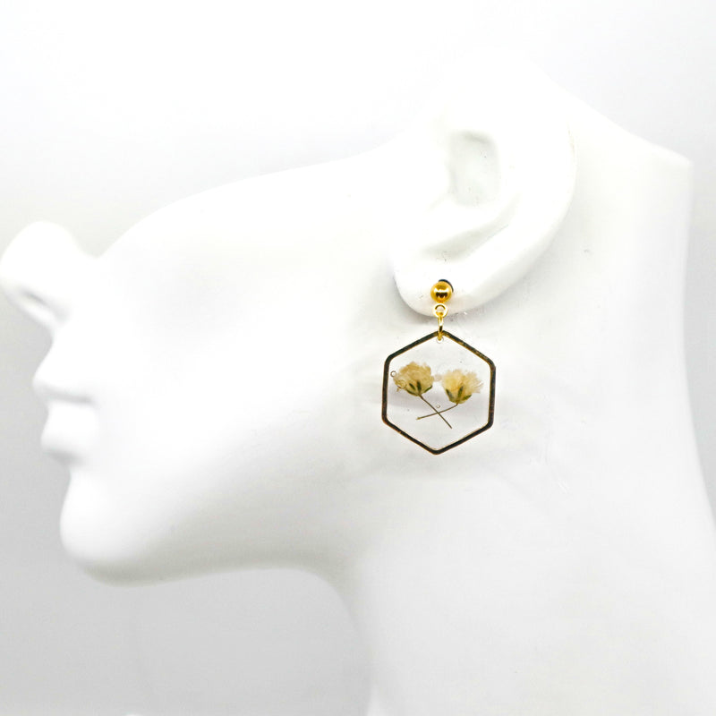 Handmade pressed baby’s breath floral resin earrings with gold hexagonal frames