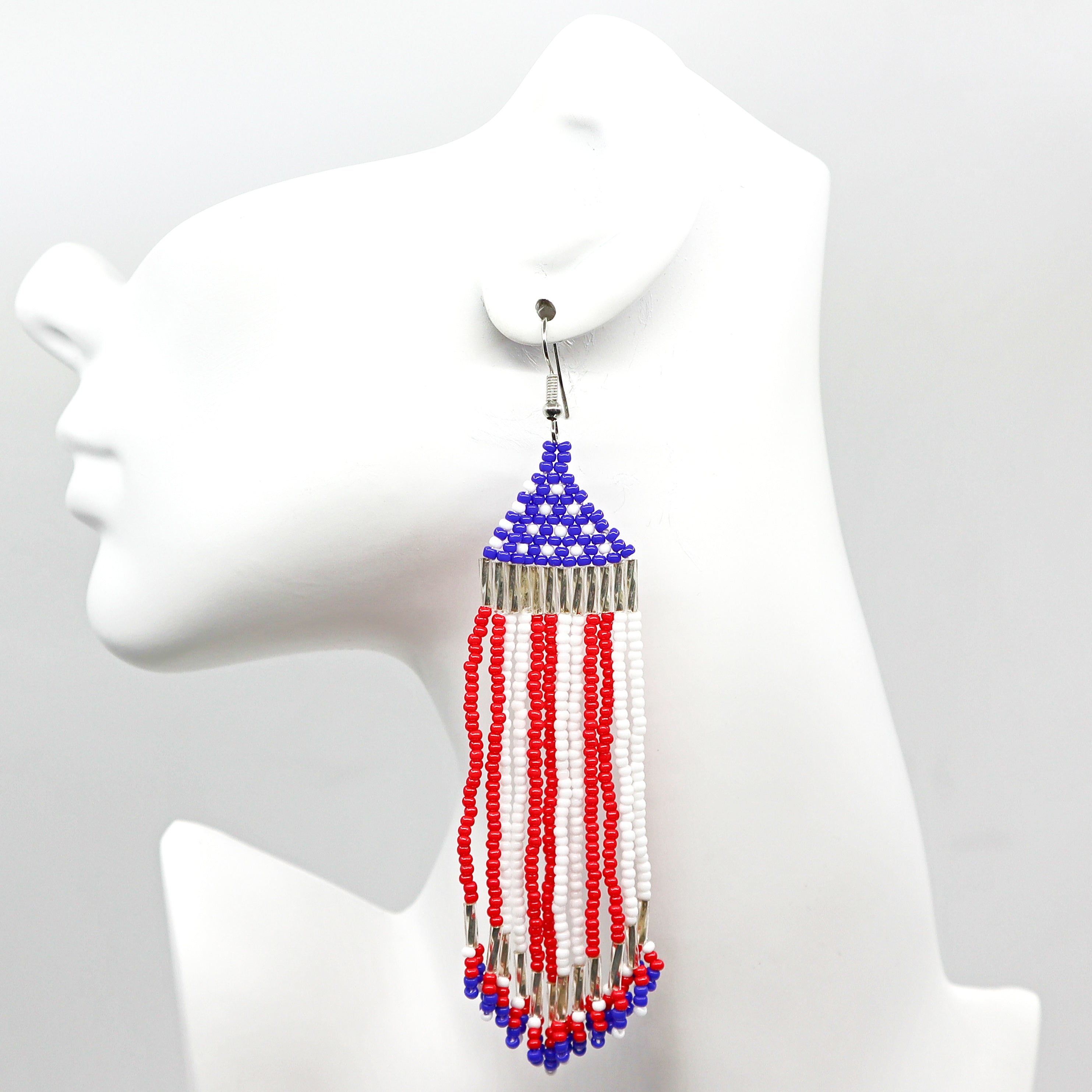 Boho USA flag beaded tassel earrings with handwoven red, white, and blue rice beads and lightweight design