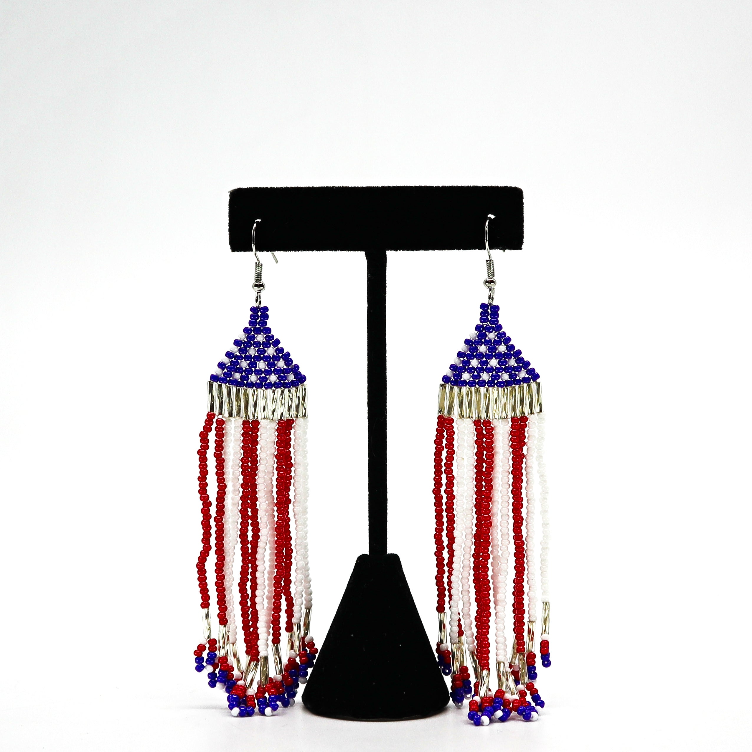 Boho USA flag inspired handwoven beaded tassel earrings with red, white, and blue design