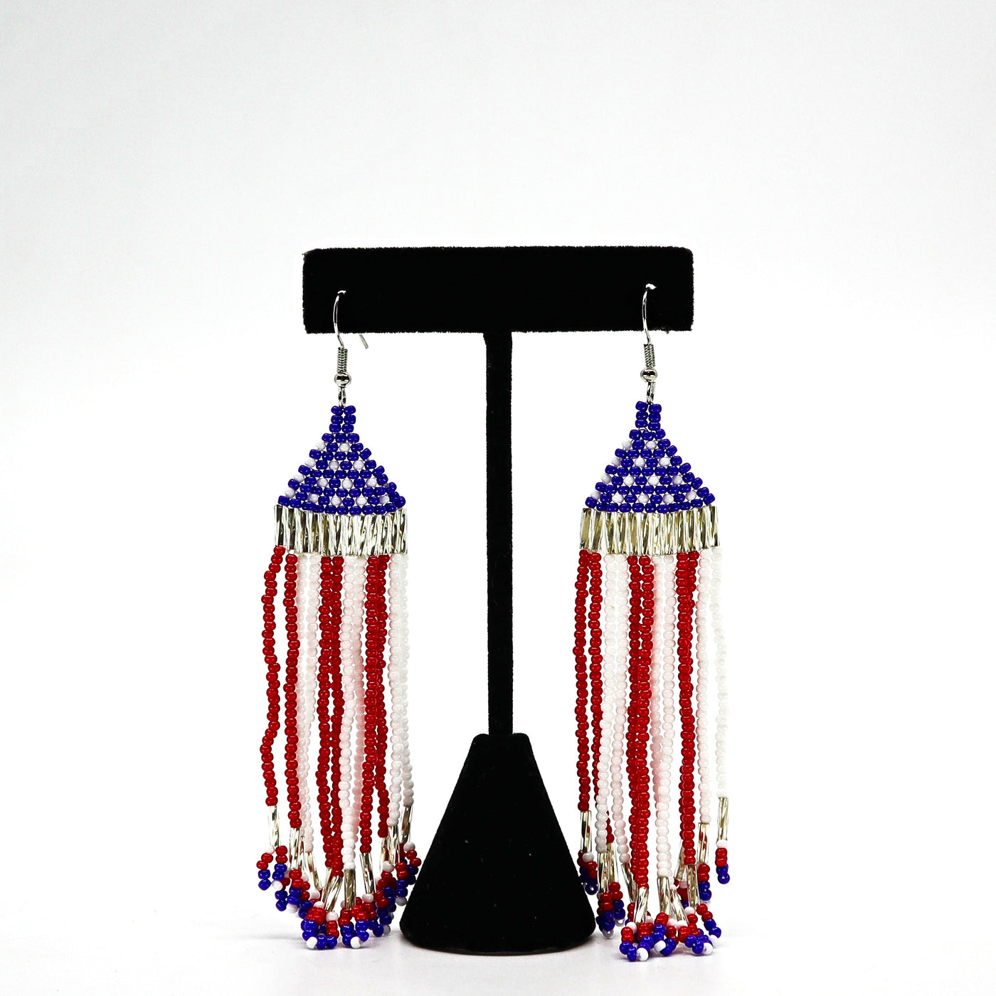 Boho USA flag inspired handwoven beaded tassel earrings with red, white, and blue design