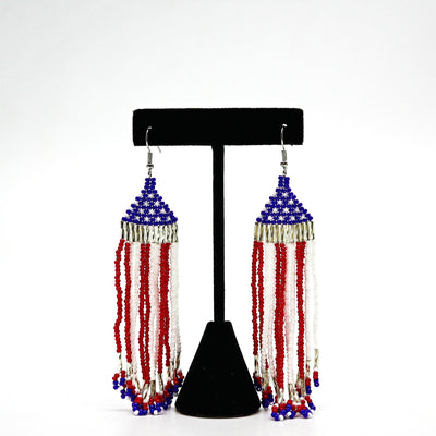 Boho USA flag inspired handwoven beaded tassel earrings with red, white, and blue design