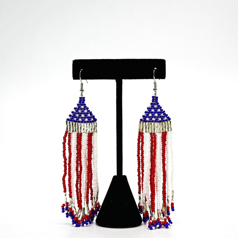 Boho USA flag inspired handwoven beaded tassel earrings with red, white, and blue design