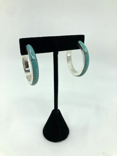 Handmade Sterling Silver Turquoise Inlay Hoop Earrings PSTPE13