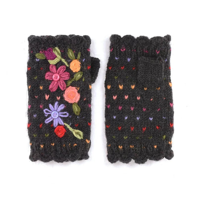 Black wool Florence Handwarmers with colorful hand-embroidered floral designs and fingerless style for warmth and mobility.